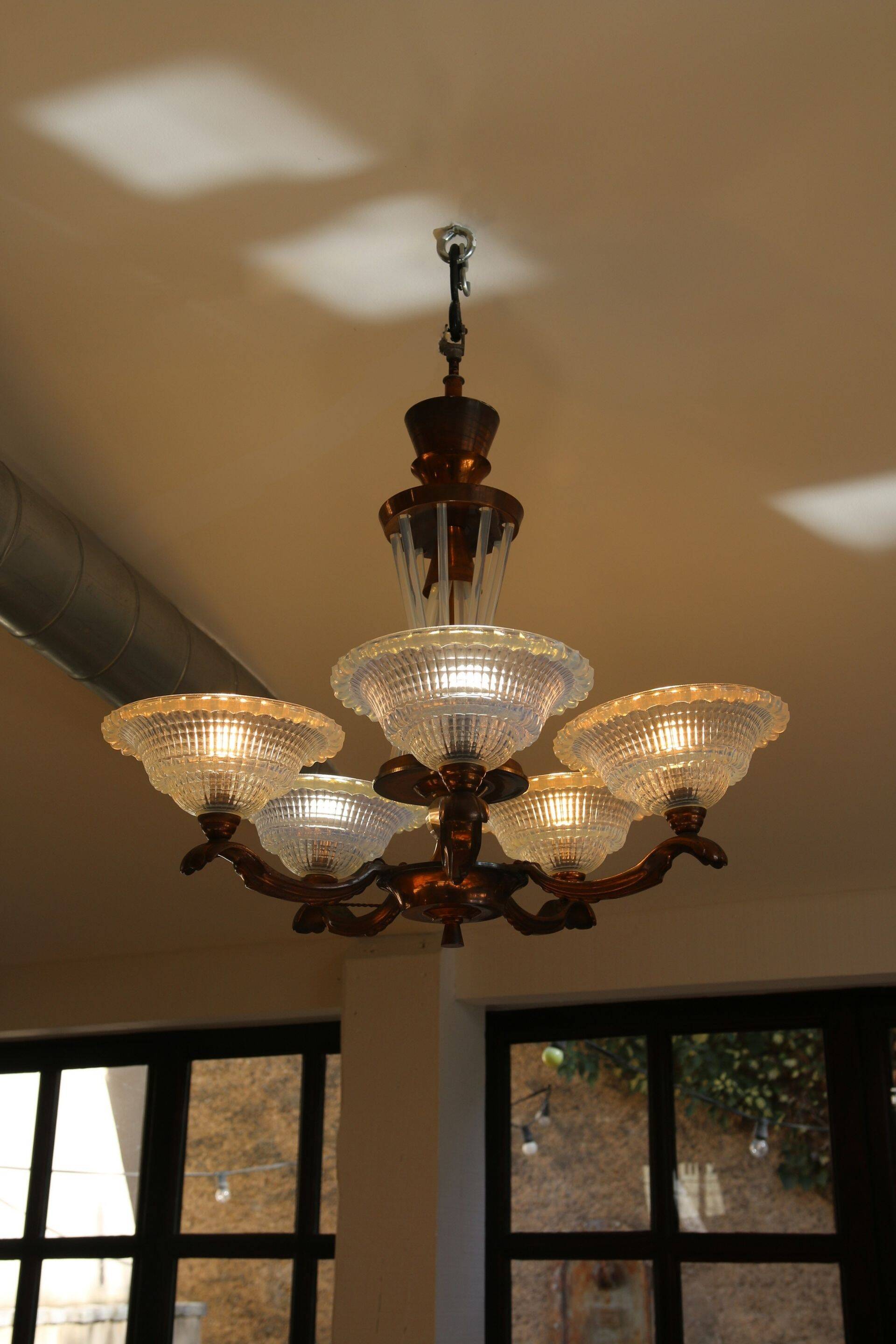 Art Deco lustre, opalescent glass, Ezan & Petitot, signed.