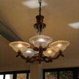 Art Deco lustre, opalescent glass, Ezan & Petitot, signed.