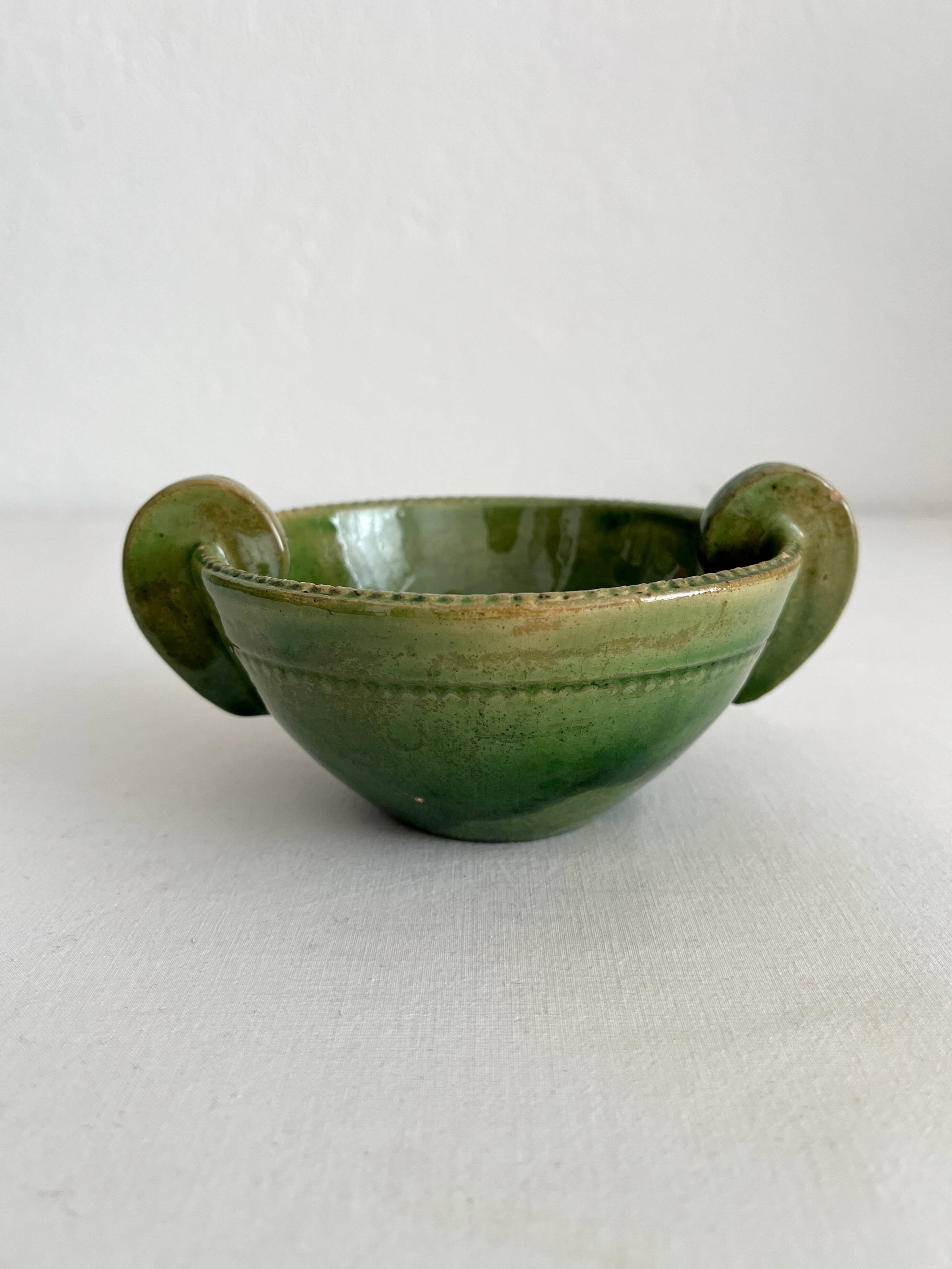 Antique green glazed ceramic bowl with handles, Tamegroute type