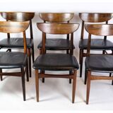 Ensemble de six chaises de table à manger de design danois en palissandre avec cuir noir