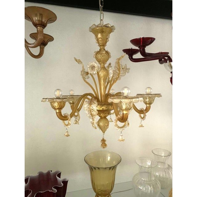 Venetian transparent and amber glass chandelier with flowers