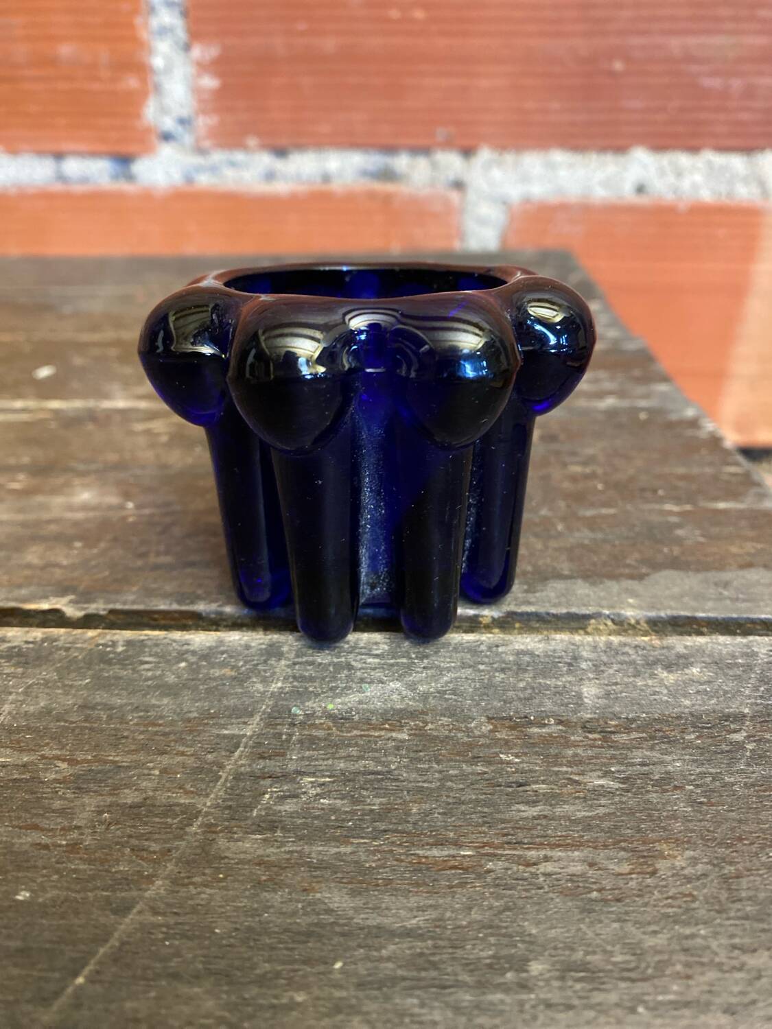 Bougeoir Ancien Design Verre Moulé Bleu Cobalt Années 70 France Vintag