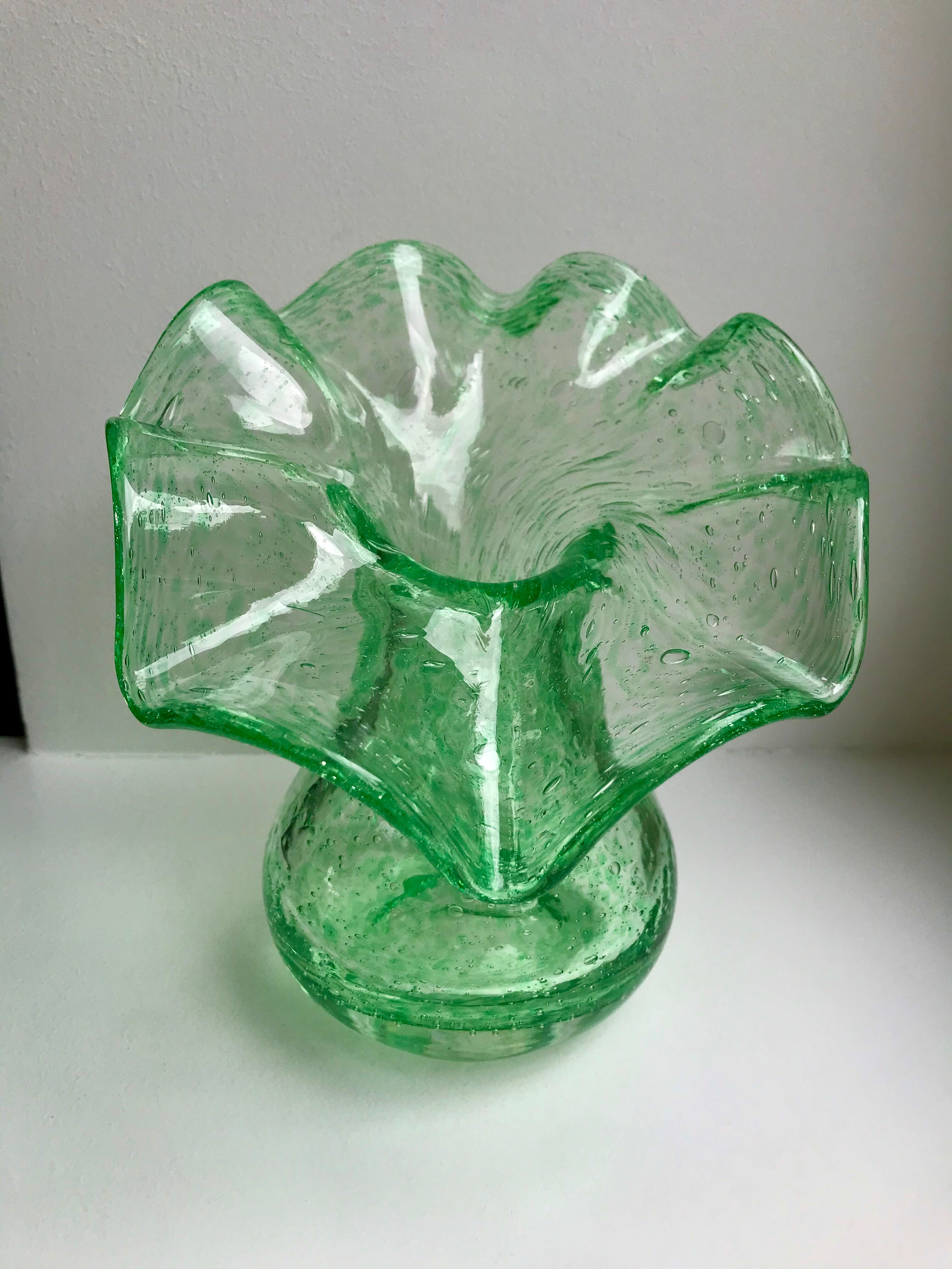 Biot bubbled glass corolla vase signed Riom vert years 60-70
