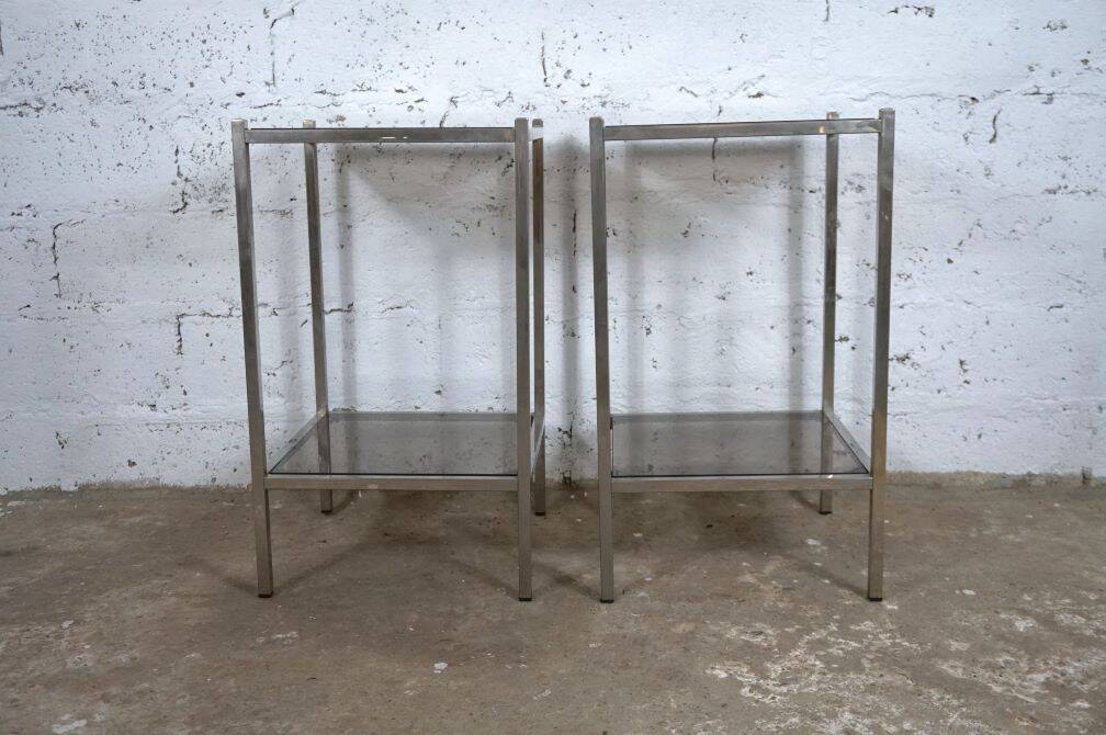 Pair of vintage side tables, chrome and smoked glass 1970