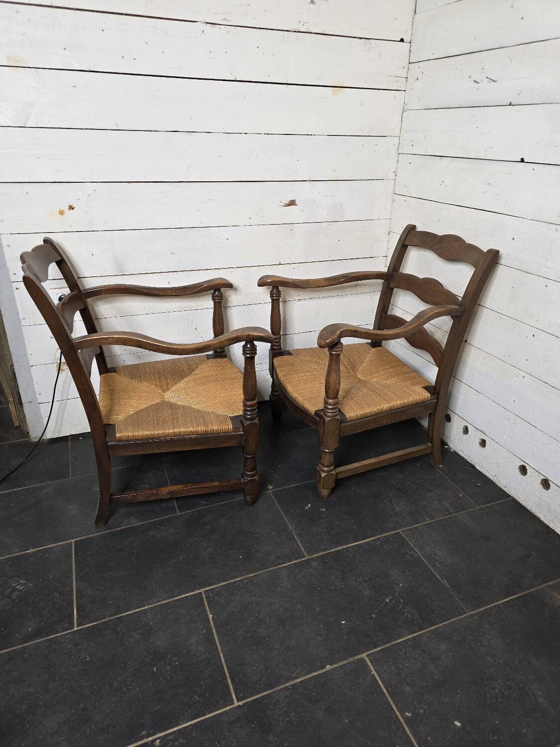 Pair of low beech armchairs