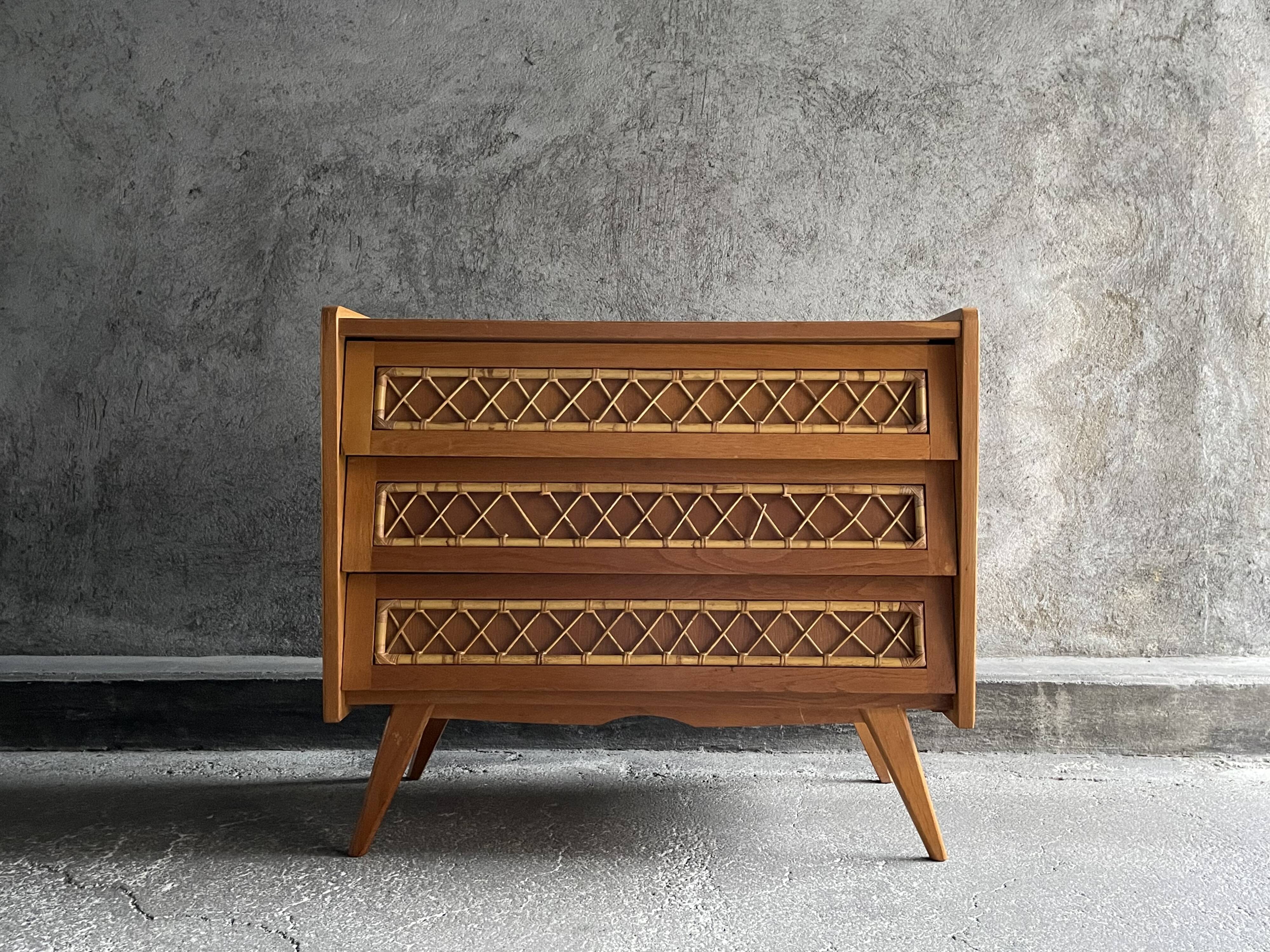 3-drawer chest of drawers with rattan decorations, France 1970s