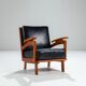 Pair of Belgian lounge chairs in solid oak with leather cushions