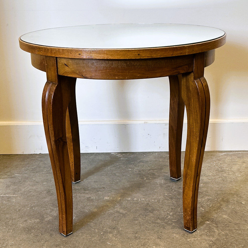 French Art Deco side table, 1930s vintage round wooden table with mirrored top