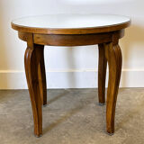 French Art Deco side table, 1930s vintage round wooden table with mirrored top