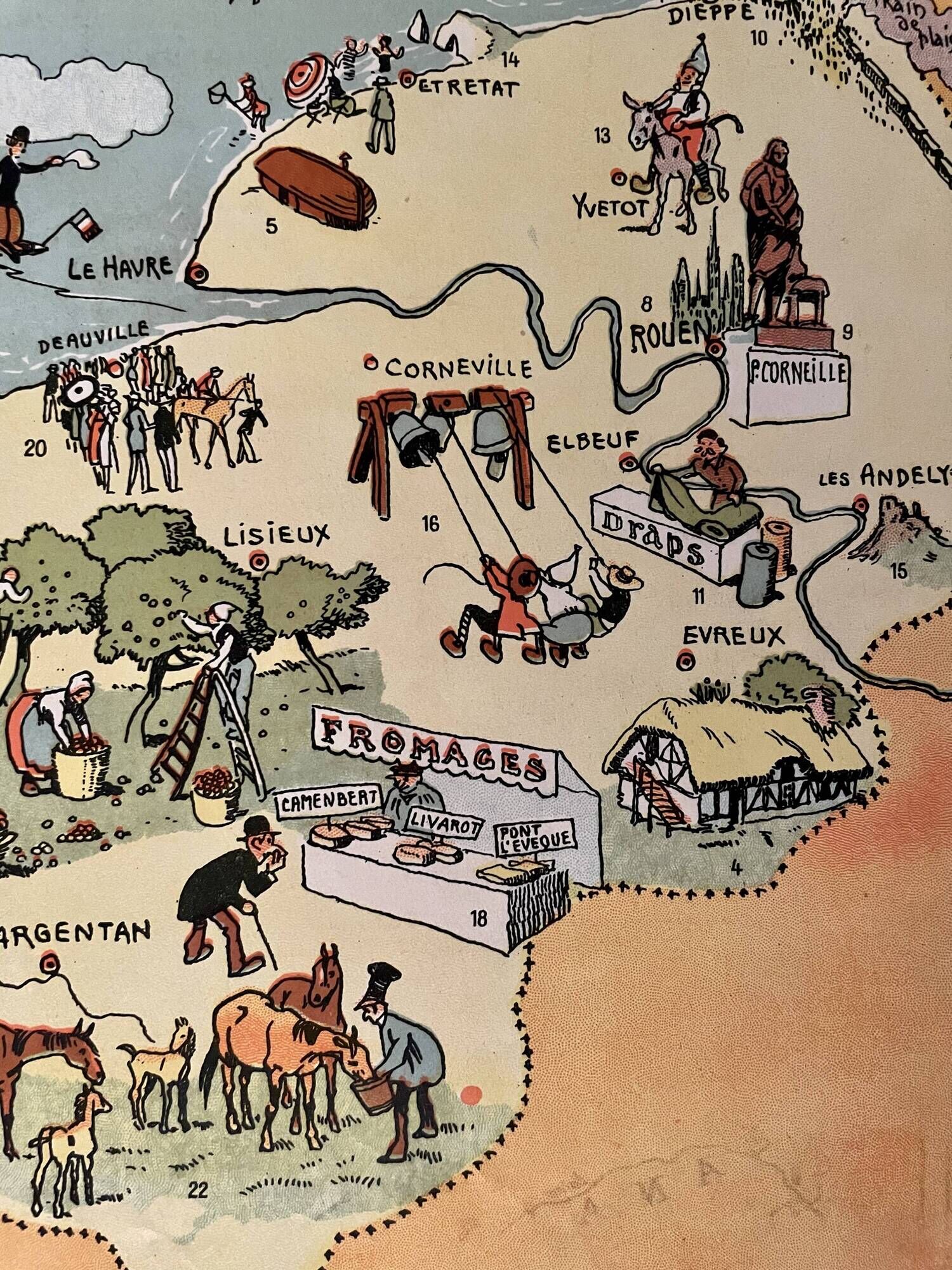 Old poster illustrated map of Normandy 1947 - JP Pinchon