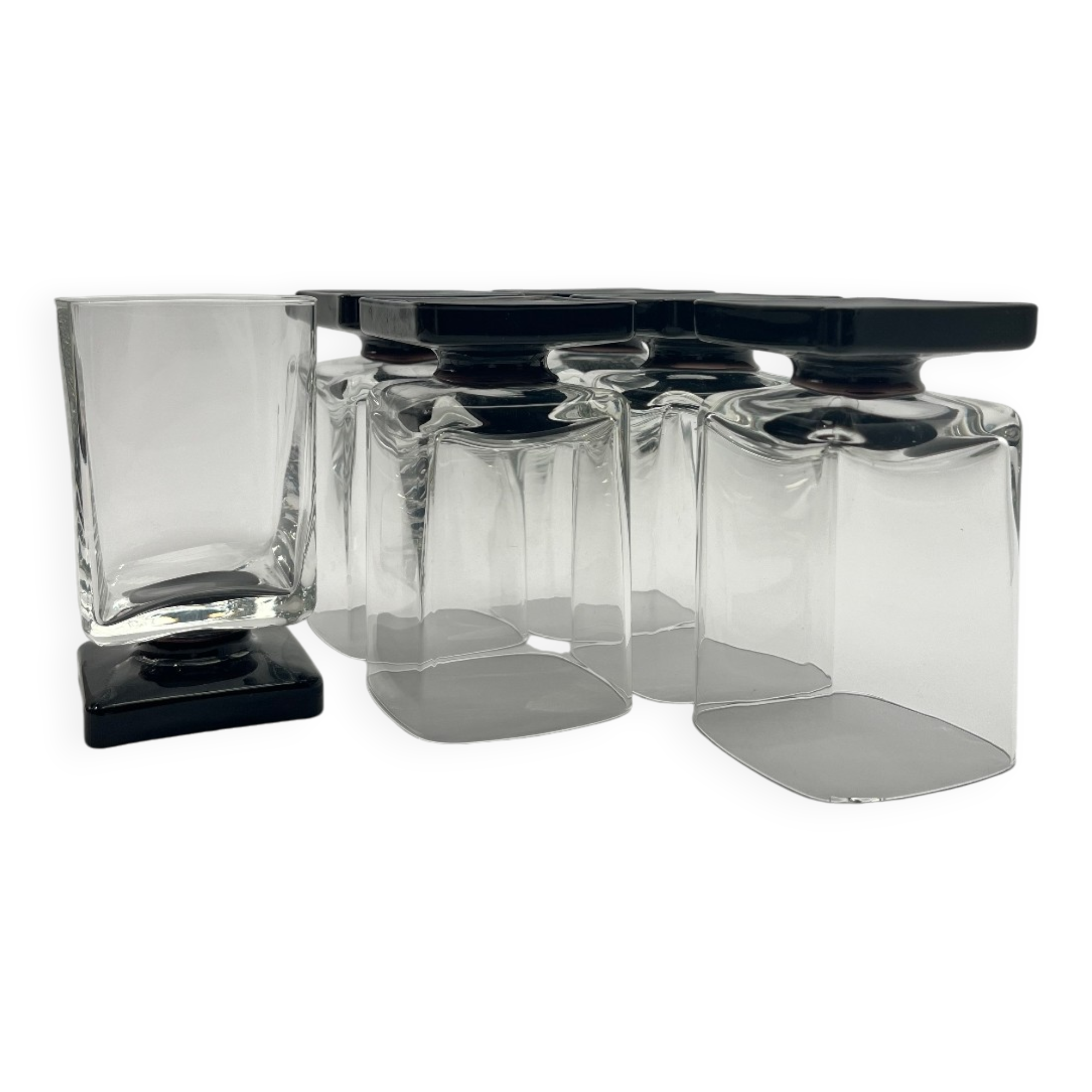 Set of 11 Black glass Square Footed Cocktail Glasses 1970