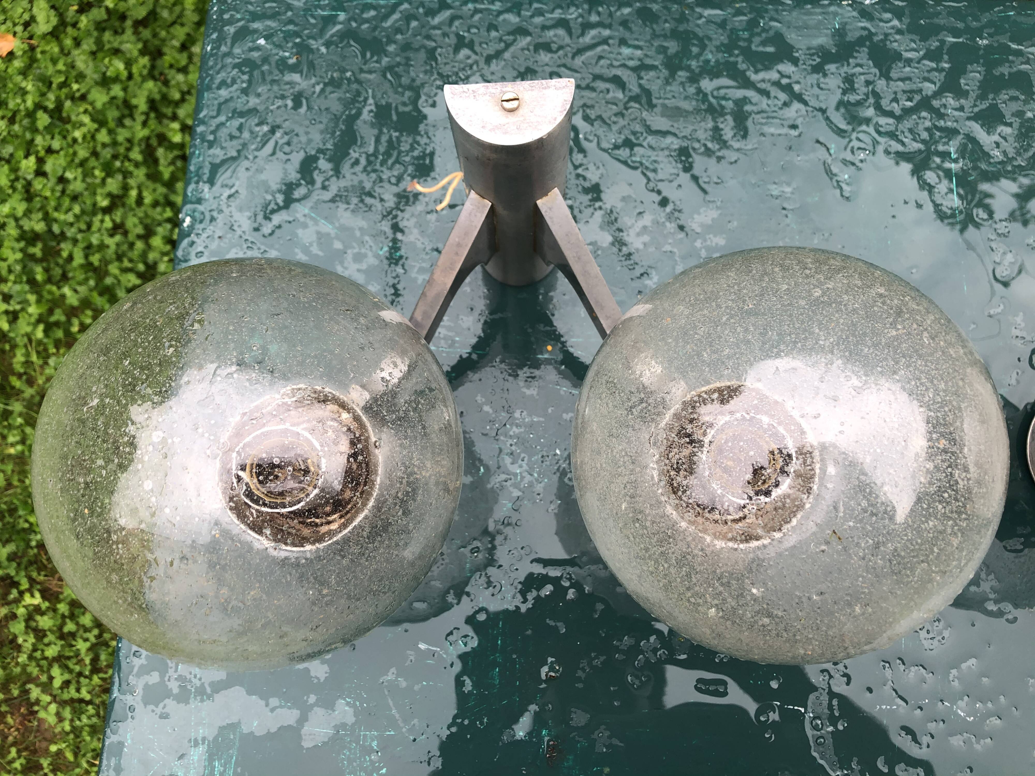 Paire double appliques murales 1970 alu brosse et verre soufflé