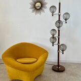 Old Scandinavian design wooden floor lamp from the 60s with 6 vintage lights
