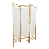 Bamboo screen with 3 frames in beige fabric.