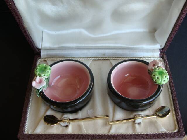 Vintage Keramos Sèvres salt cellars in their case