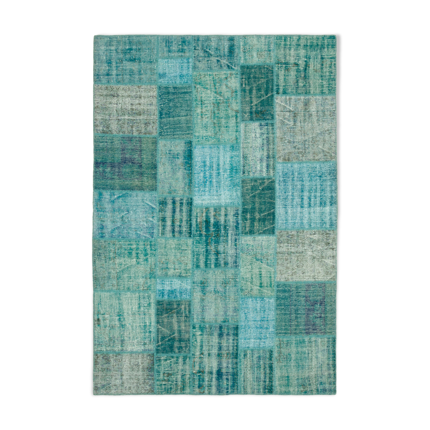 Handmade turkish overdyed 204 cm x 303 cm turquoise patchwork carpet