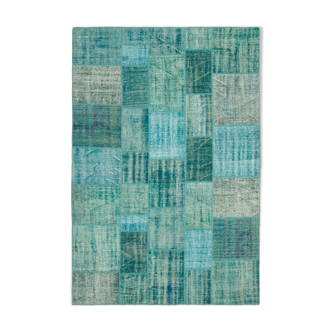 Handmade turkish overdyed 204 cm x 303 cm turquoise patchwork carpet