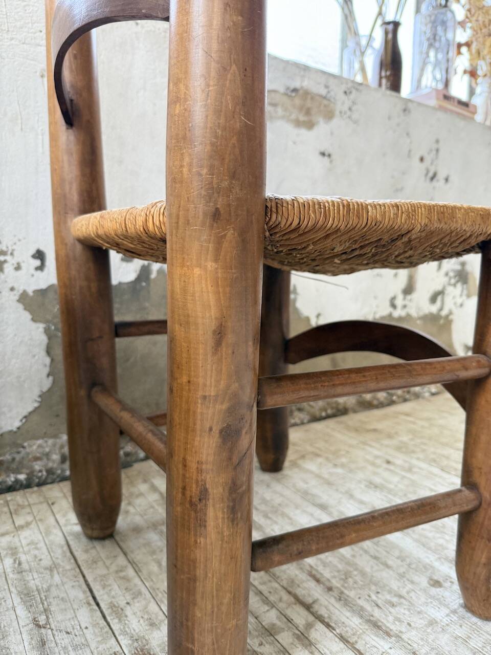 Set of 4 oak and straw chairs Dudouyt 1940