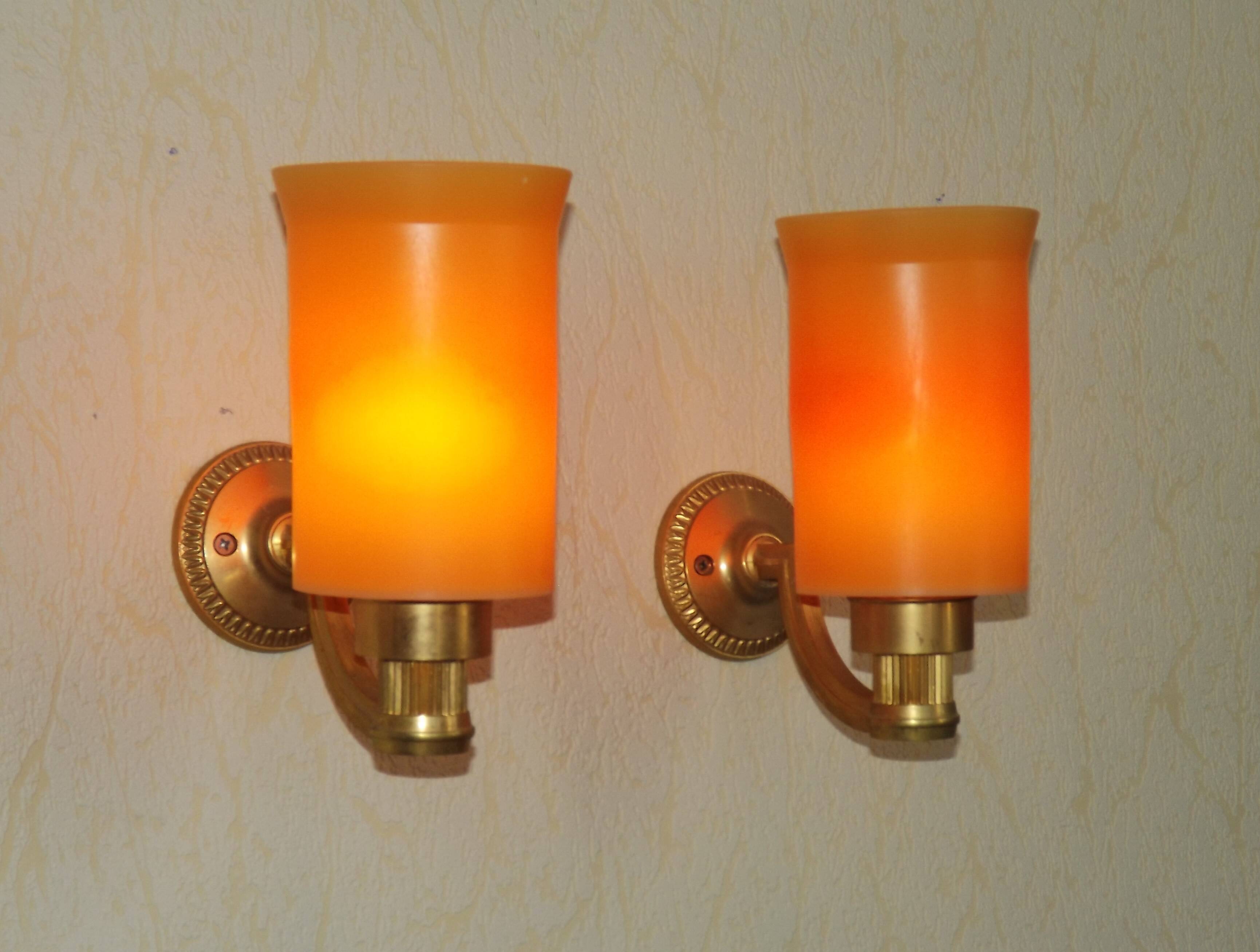 Pair French Vintage 1960s Retro Single Wall Lights Brass & Orange Acrylic