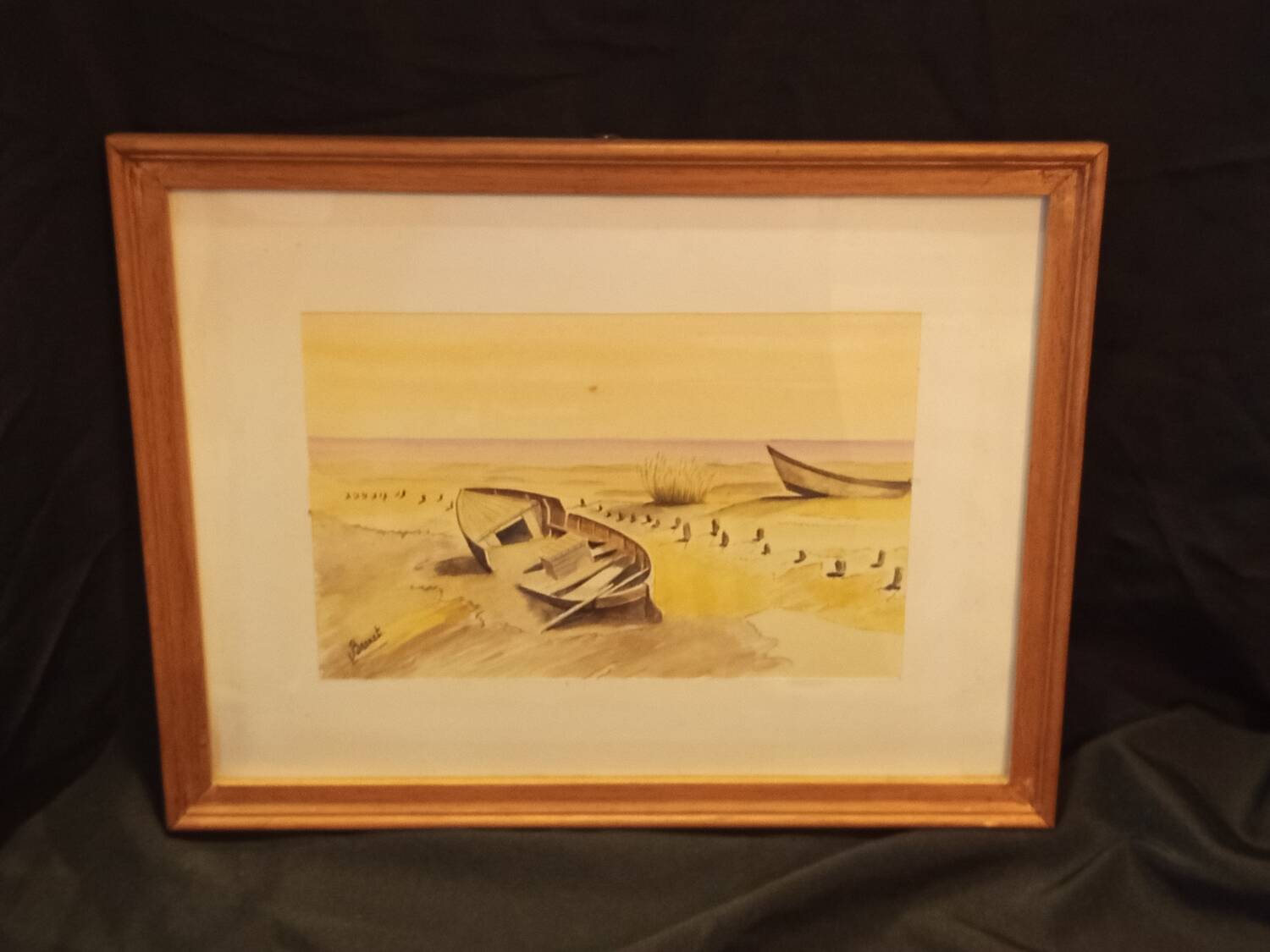Aquarelle originale signée V. Brunet – « Bateaux sur le rivage »