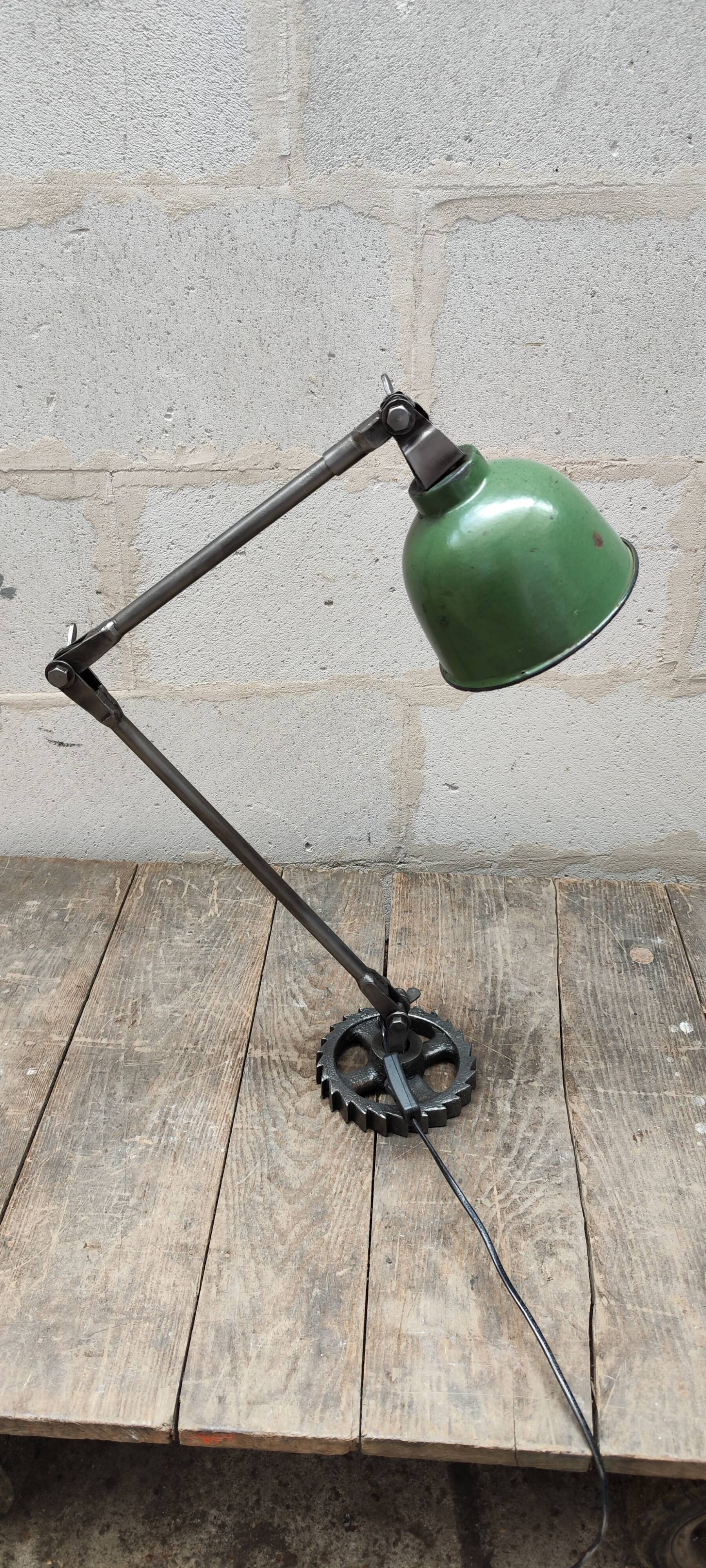 Old industrial workshop lamp two arms green enamel globe