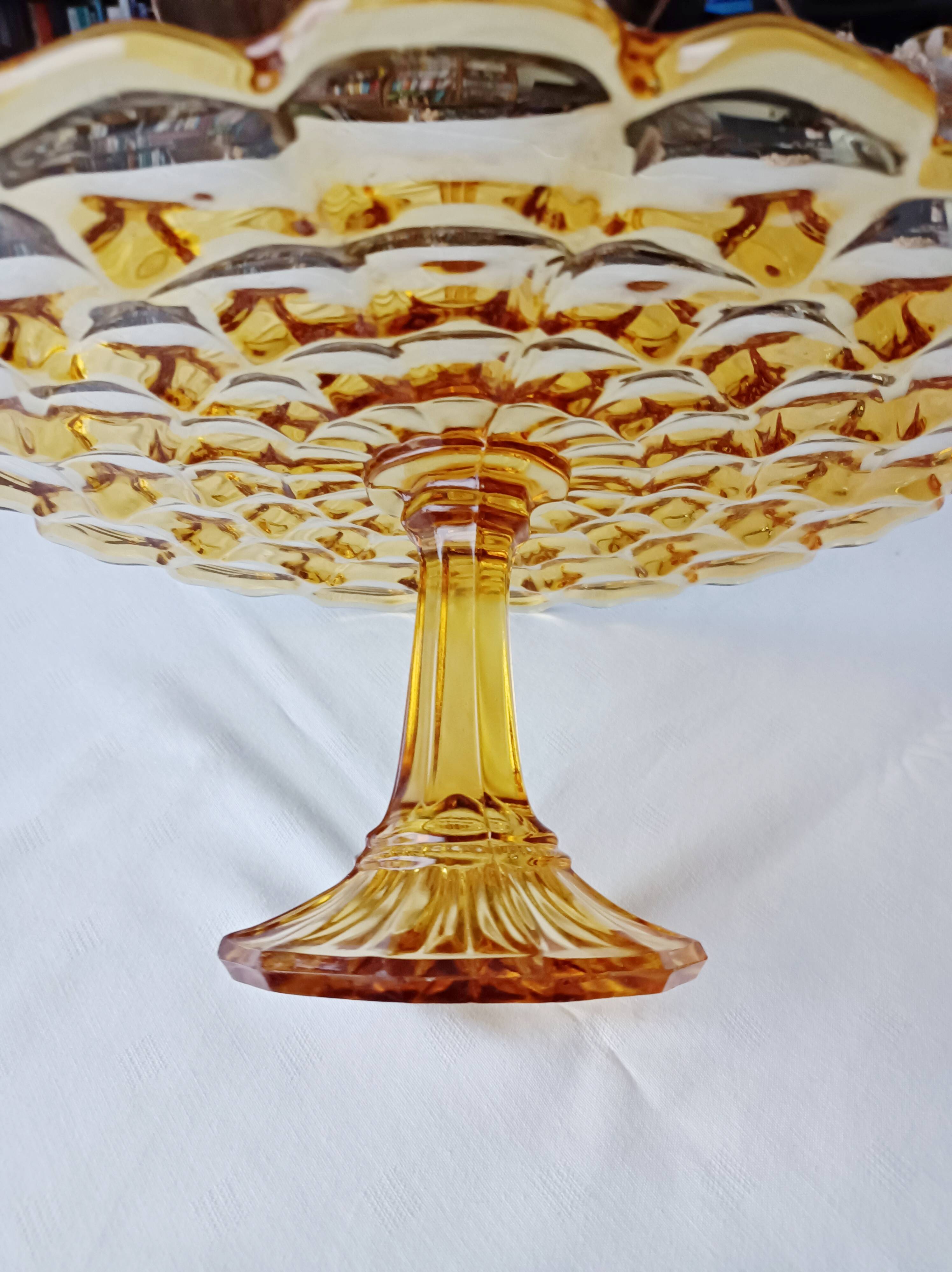 Cake stand, glass pedestal plate Bernsdorf depression style