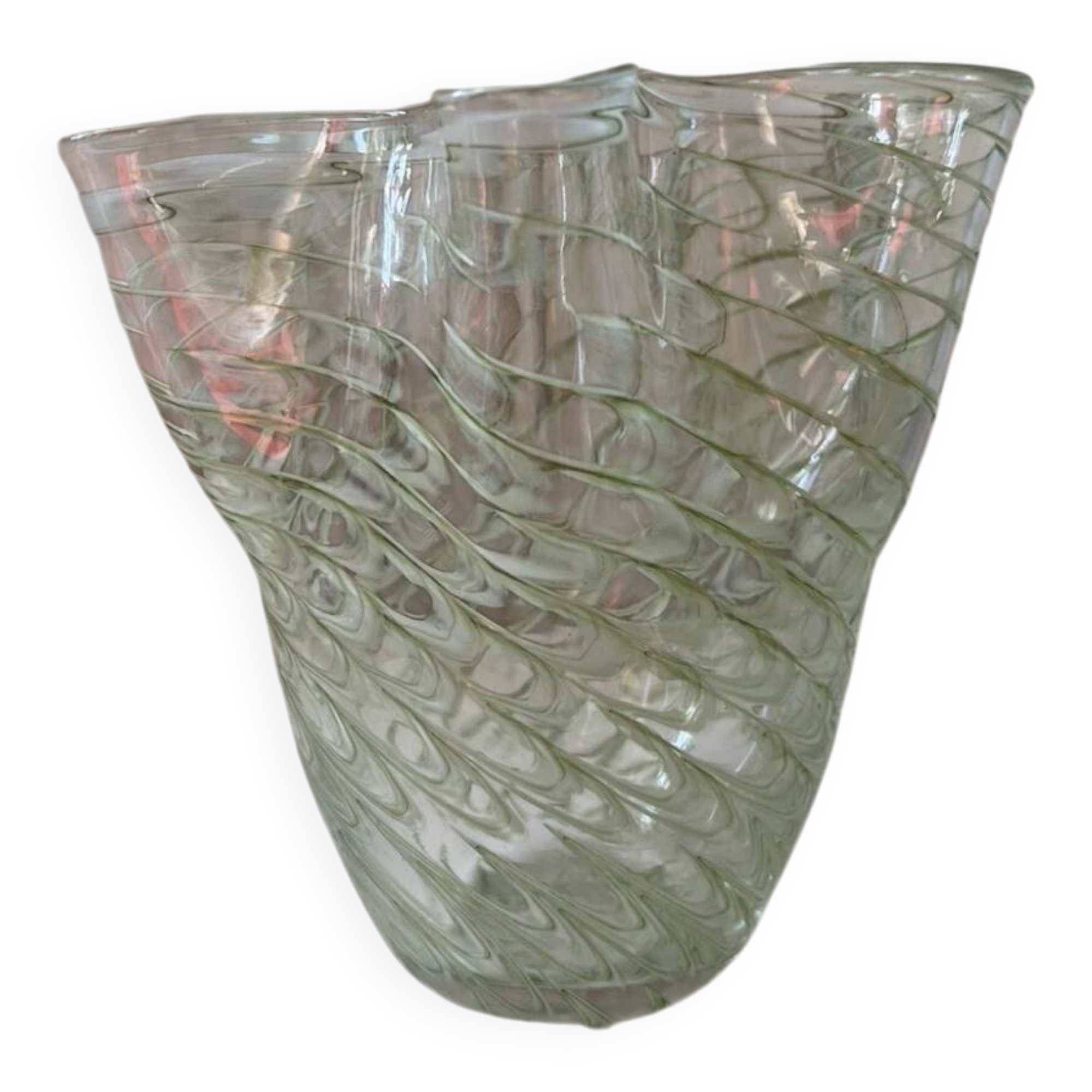 Filigree glass vase in the shape of a handkerchief with a corolla-shaped neck, Murano style