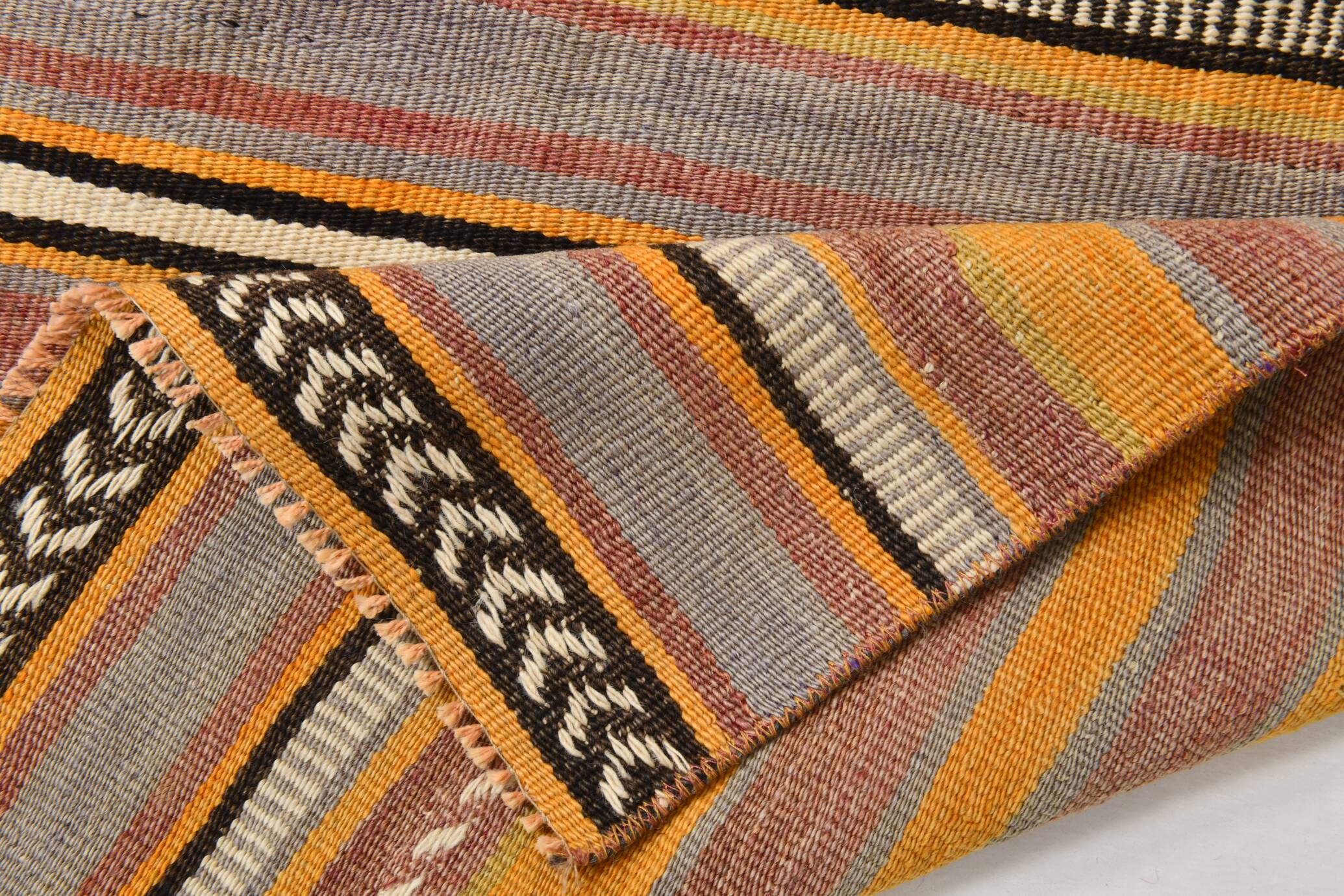 2x10 Pistriped Orange & Green Vintage Kilim Runner Rug, 69x325Cm