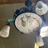 Art Deco chandelier in glass and wrought iron signed Muller Frères Luneville, 3 lights