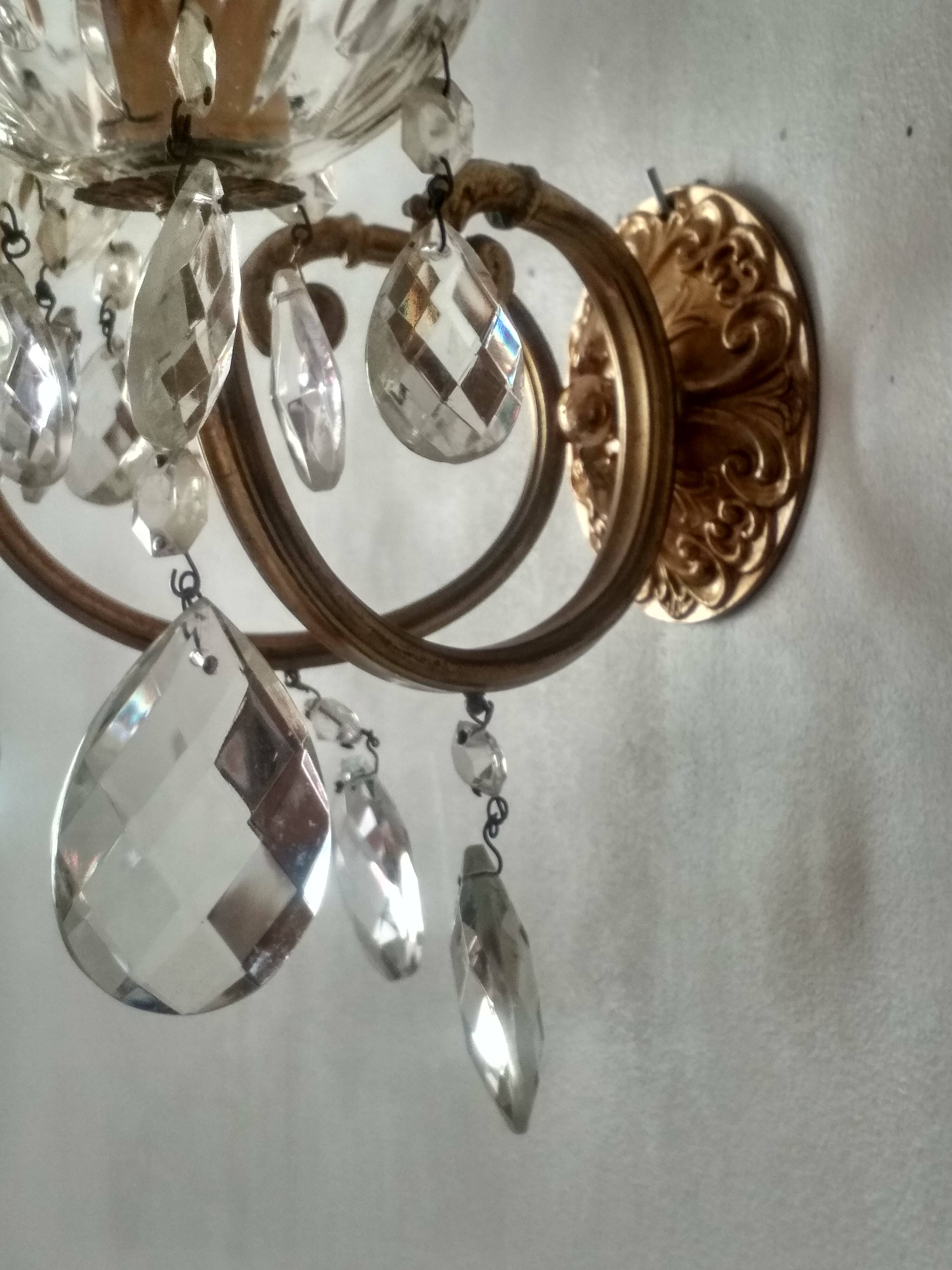 Golden brass wall light and crystal pendants - 2-light rococo light