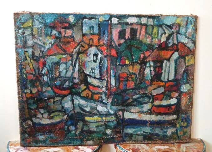 Oil on canvas by Ferruccio Ferri - 1953 - "Boats of Syracuse" expressionist period of Syracuse.