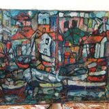 Oil on canvas by Ferruccio Ferri - 1953 - "Boats of Syracuse" expressionist period of Syracuse.