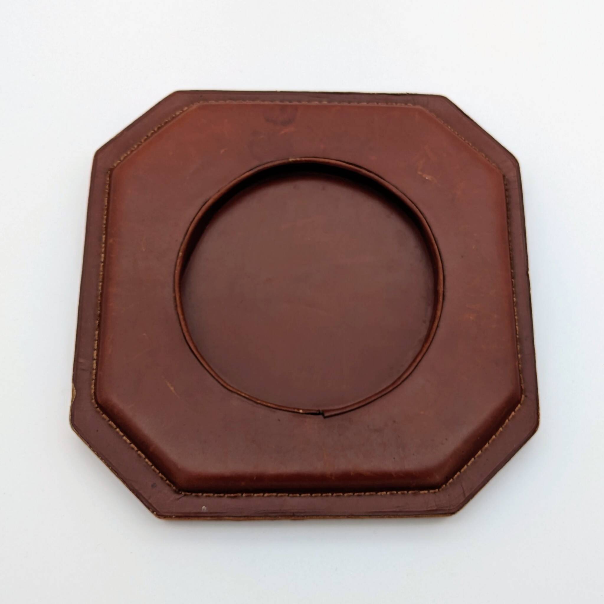 Ashtray / Catch-all Mid-Century Solid Glass Murano Style & Leather 1960