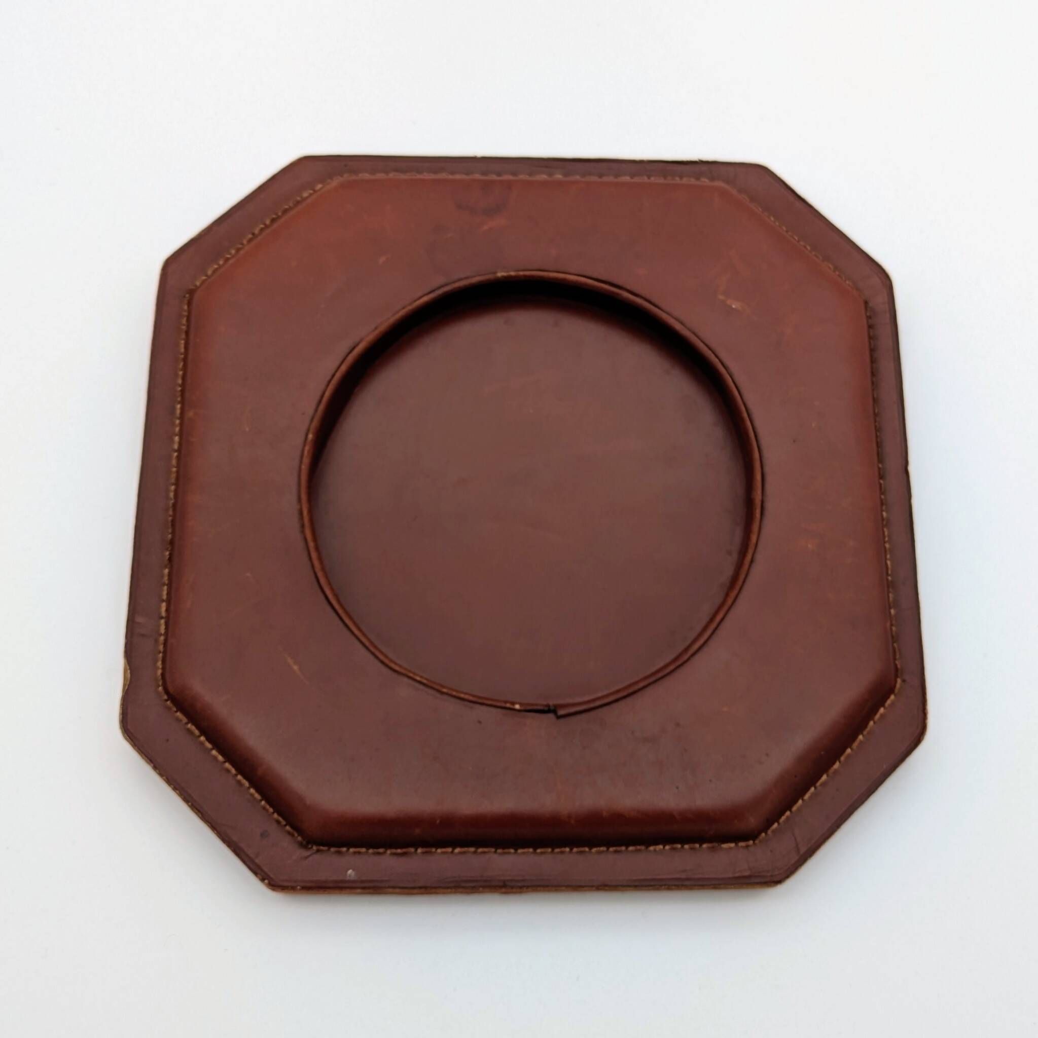 Ashtray / Catch-all Mid-Century Solid Glass Murano Style & Leather 1960