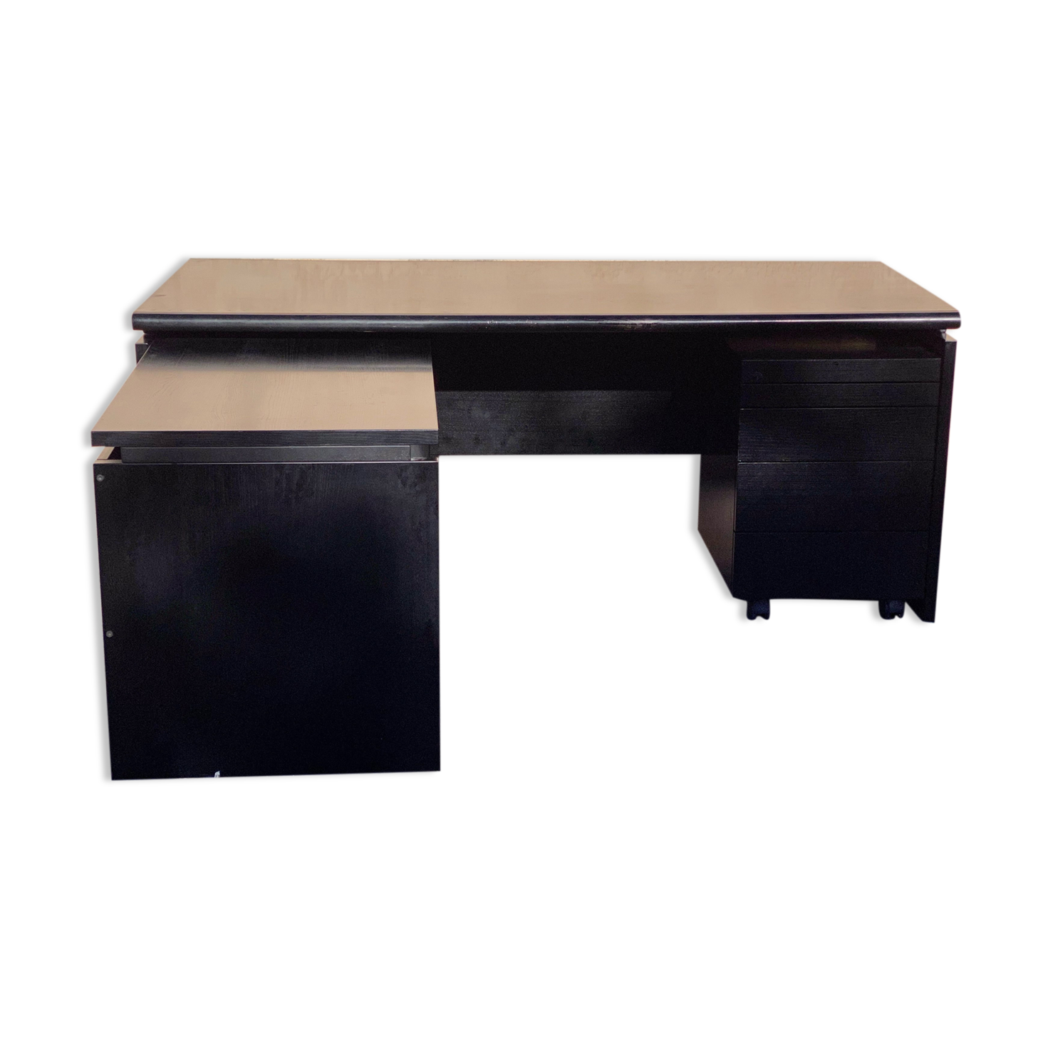 Important office with return, Italian design, black lacquered wood, Nègroni edition, late 80s