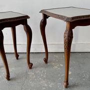 Pair of Vintage Wooden Nesting Tables with Glass Tops & Cabriole Legs