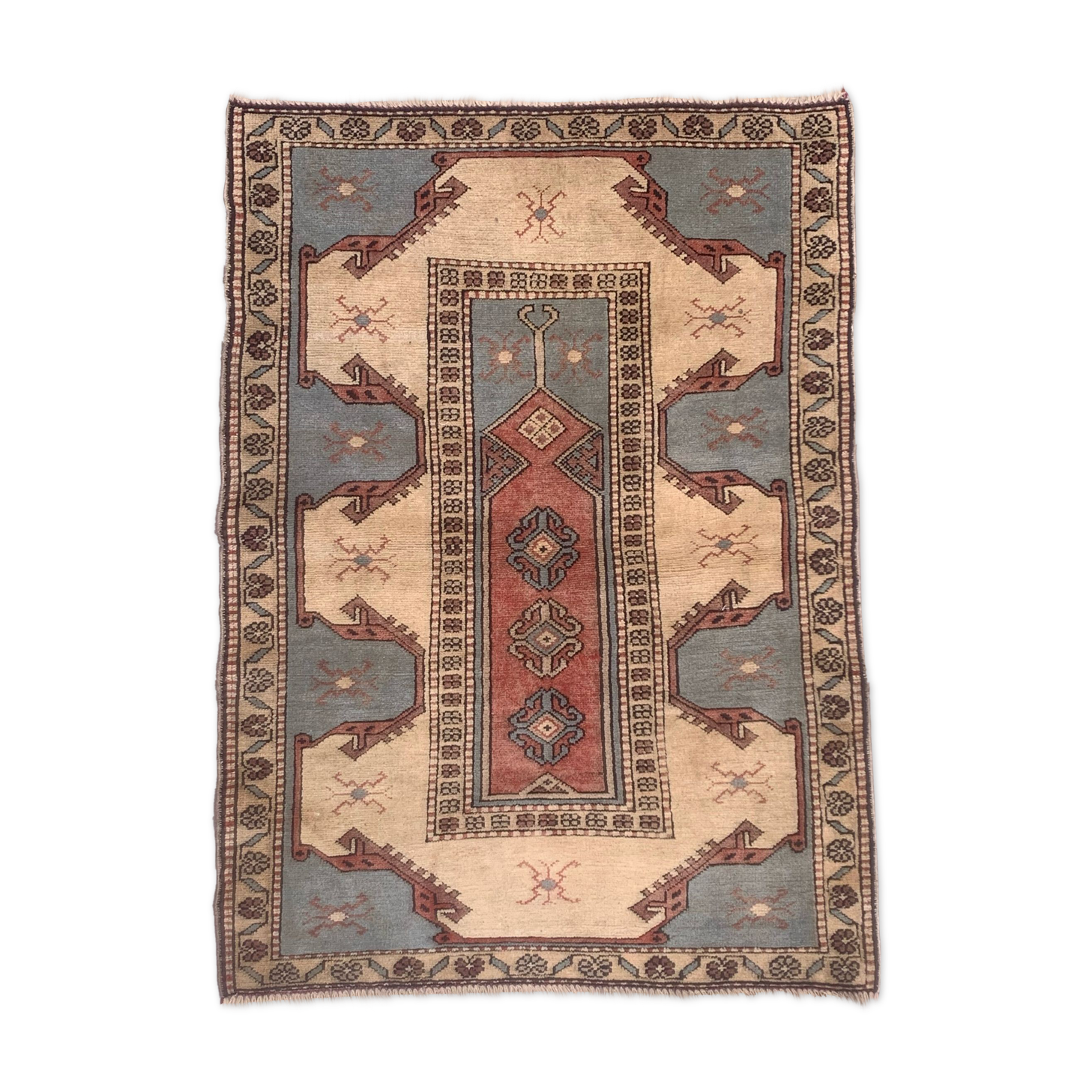Old turkish rug 132x94 cm old vintage carpet ushak pink beige blue