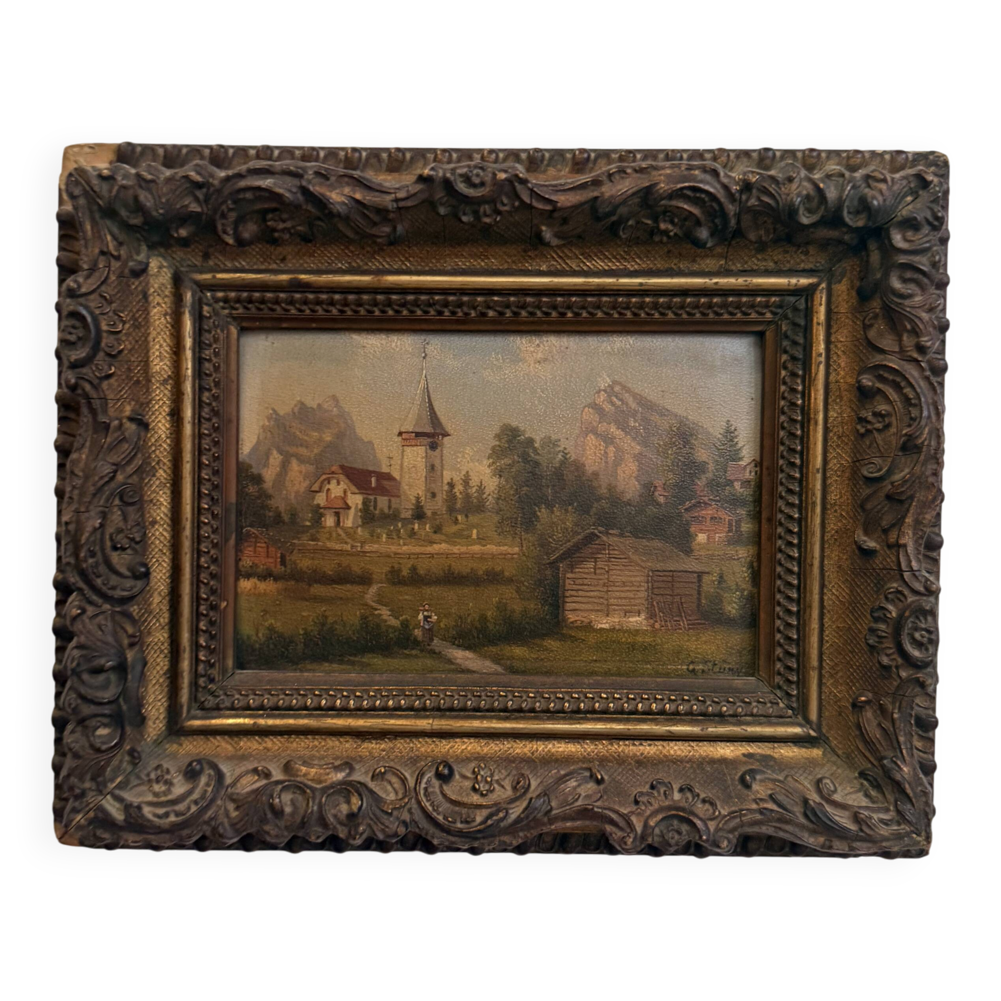 Oil on panel, old Mountain village signed Gottfried Stury XIX.