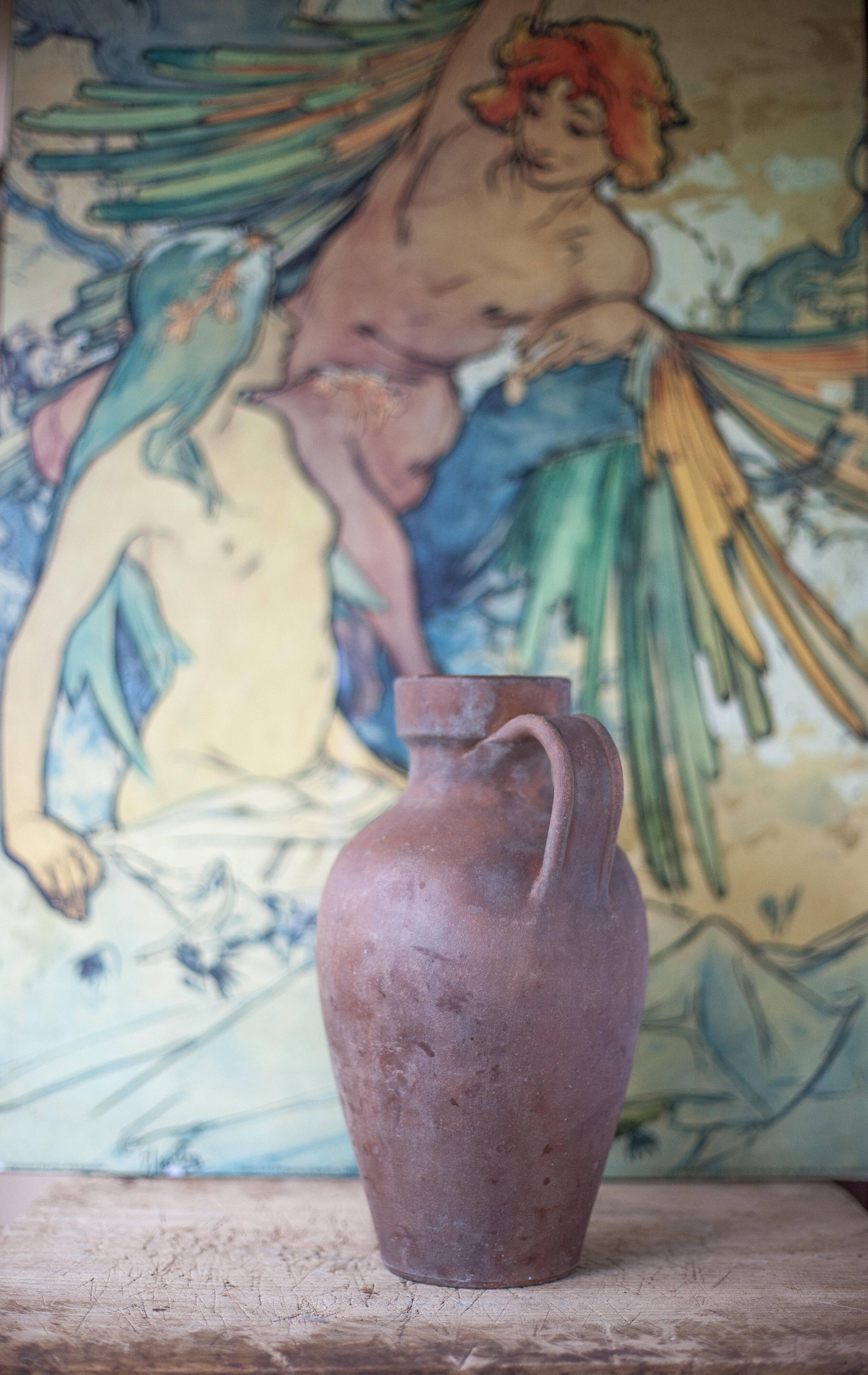 Terracotta jug with vintage handle, terracotta vase, interior decoration, primitive, pitcher