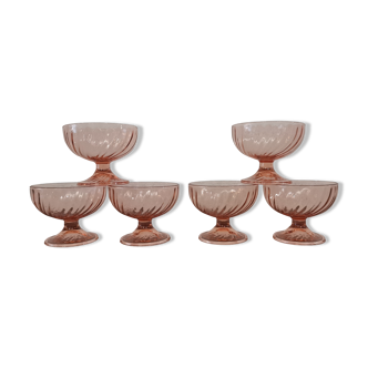 6 dessert/ice cream glasses in pink twisted glass, Arcoroc France, vintage 80's
