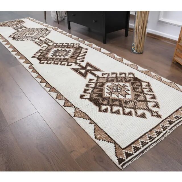 Vintage Turkish Oushak Handmade Wool Cotton White Runner Rug 84x346
