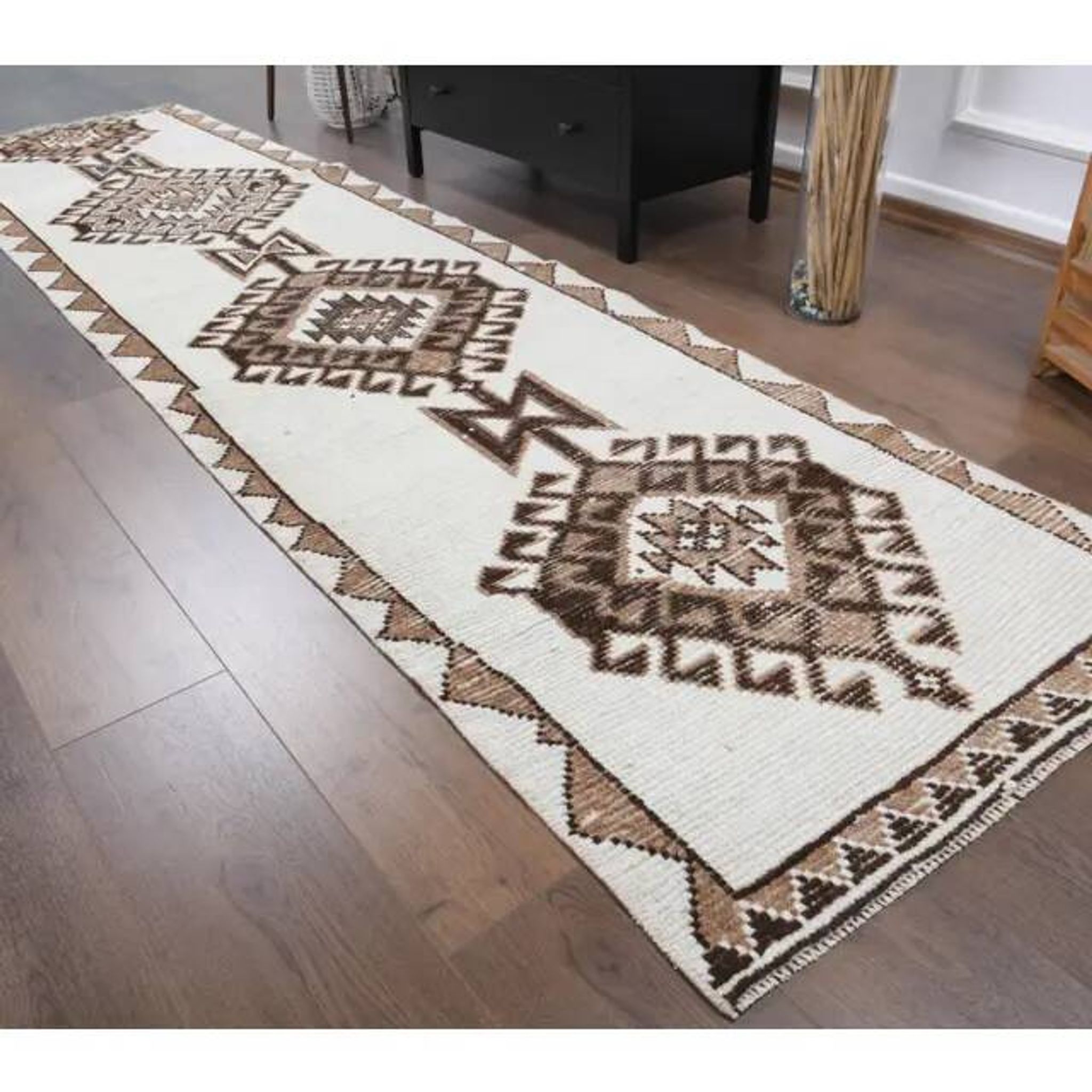 Vintage Turkish Oushak Handmade Wool Cotton White Runner Rug 84x346