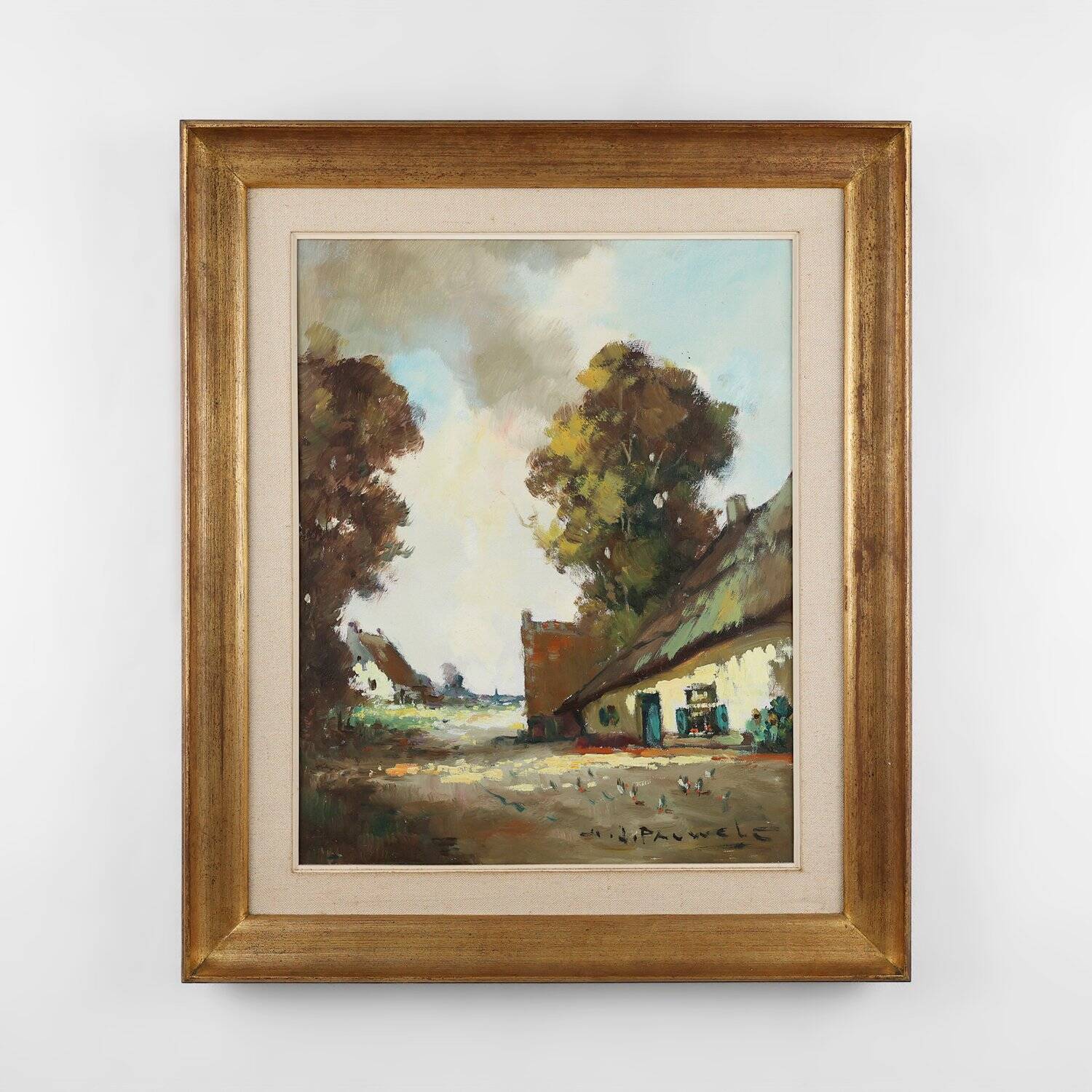 Belgian Painting of a farm scene with gilded wooden frame by Jos Pauwels, 1
