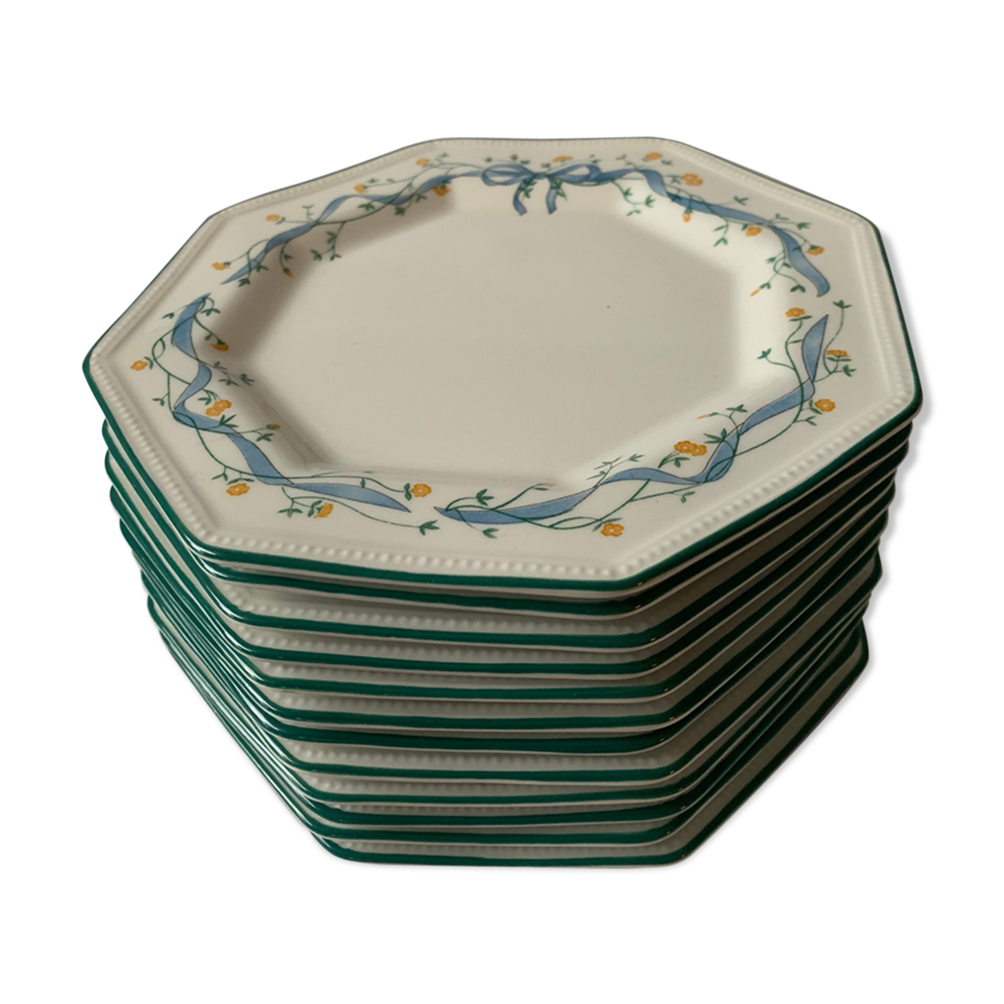 12 octagonal dessert plates in blue and yellow green English porcelain Johnson Brothers