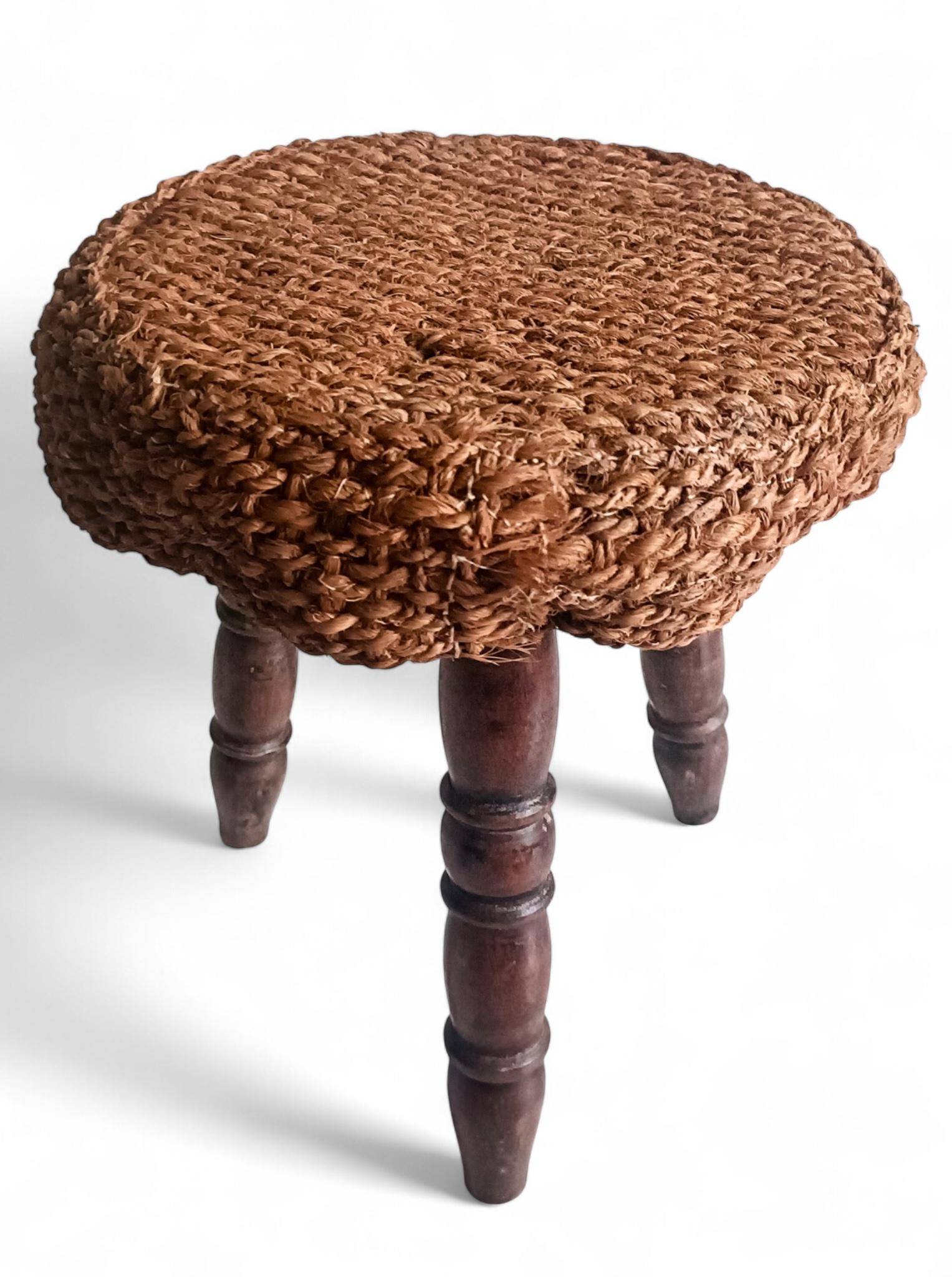 Rustic French Wood & Natural Fiber Stool/ Accent Table, Audoux-Minet Style