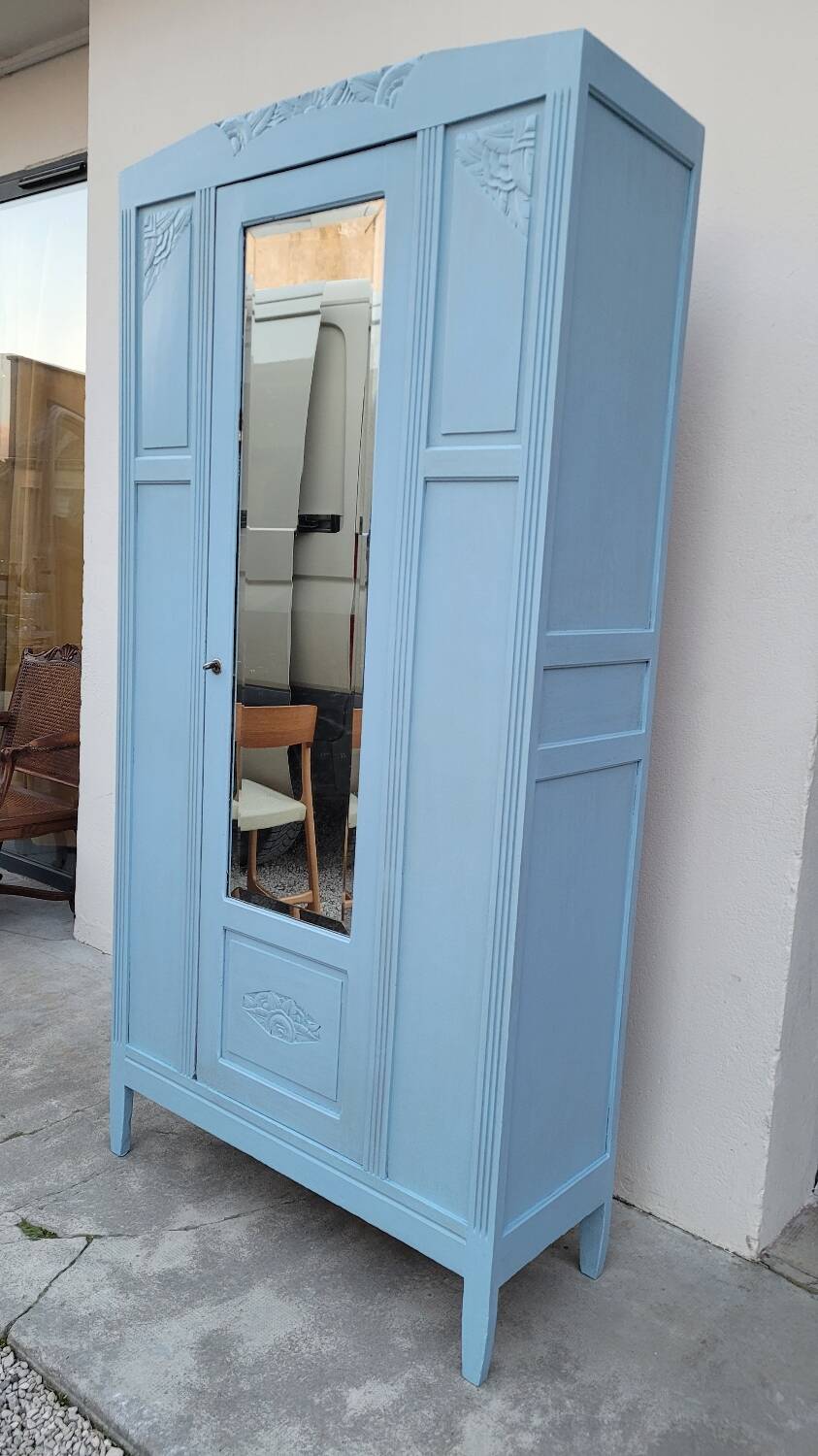 Parisian Art Deco armoire with beveled mirror and painted decoration