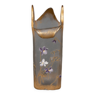 Enamelled vase cleared with acid Legras floral decoration violets XXth