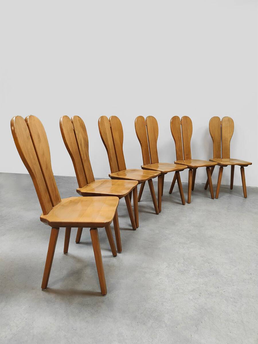 Vintage brutalist wooden dining chairs 1970 'hearts'