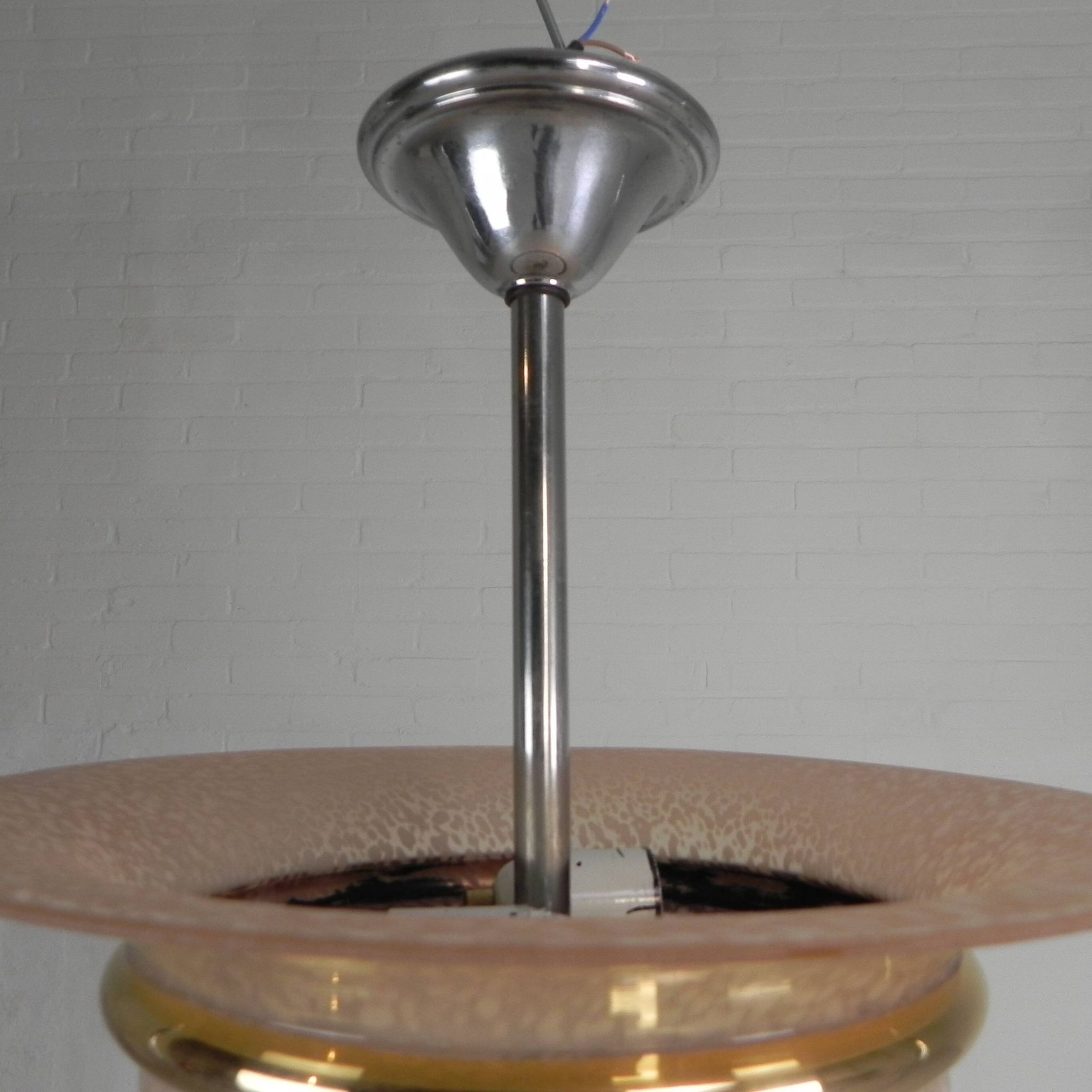 Art Deco suspension with cloudy glass shade and gold band, 1930s