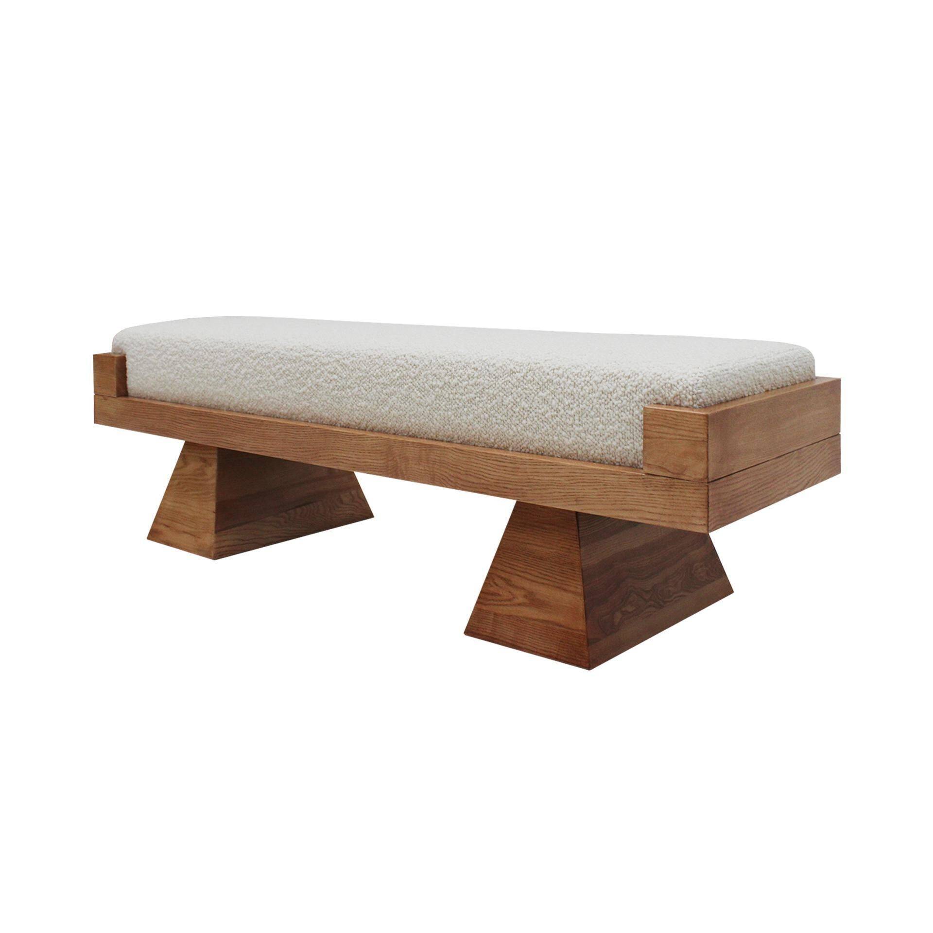 Brutalist Style Bench with Solid Oak Pyramid Bases and Ivory Bouclé Upholstery